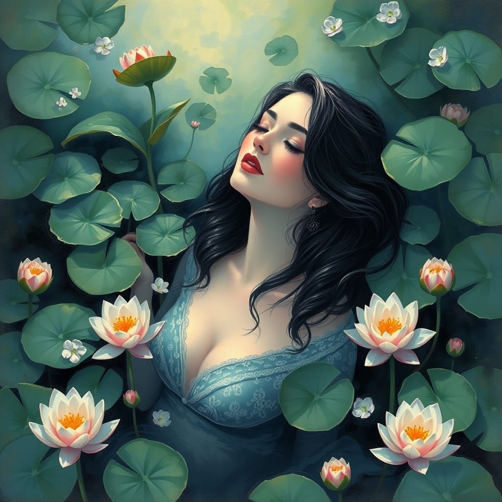 Serene Woman in Tranquil Pond with Lily Pads