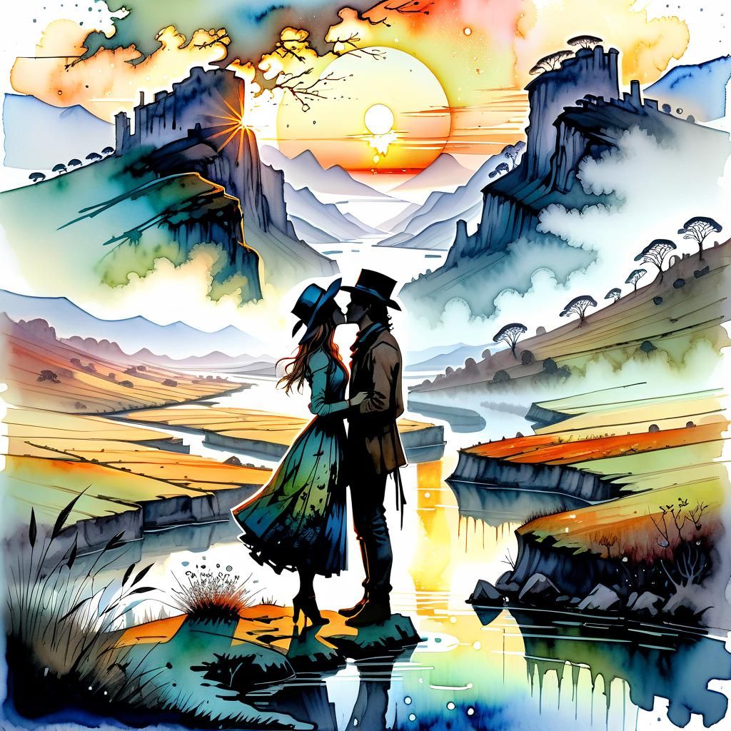 Romantic Sunrise Kiss in Lush Landscape