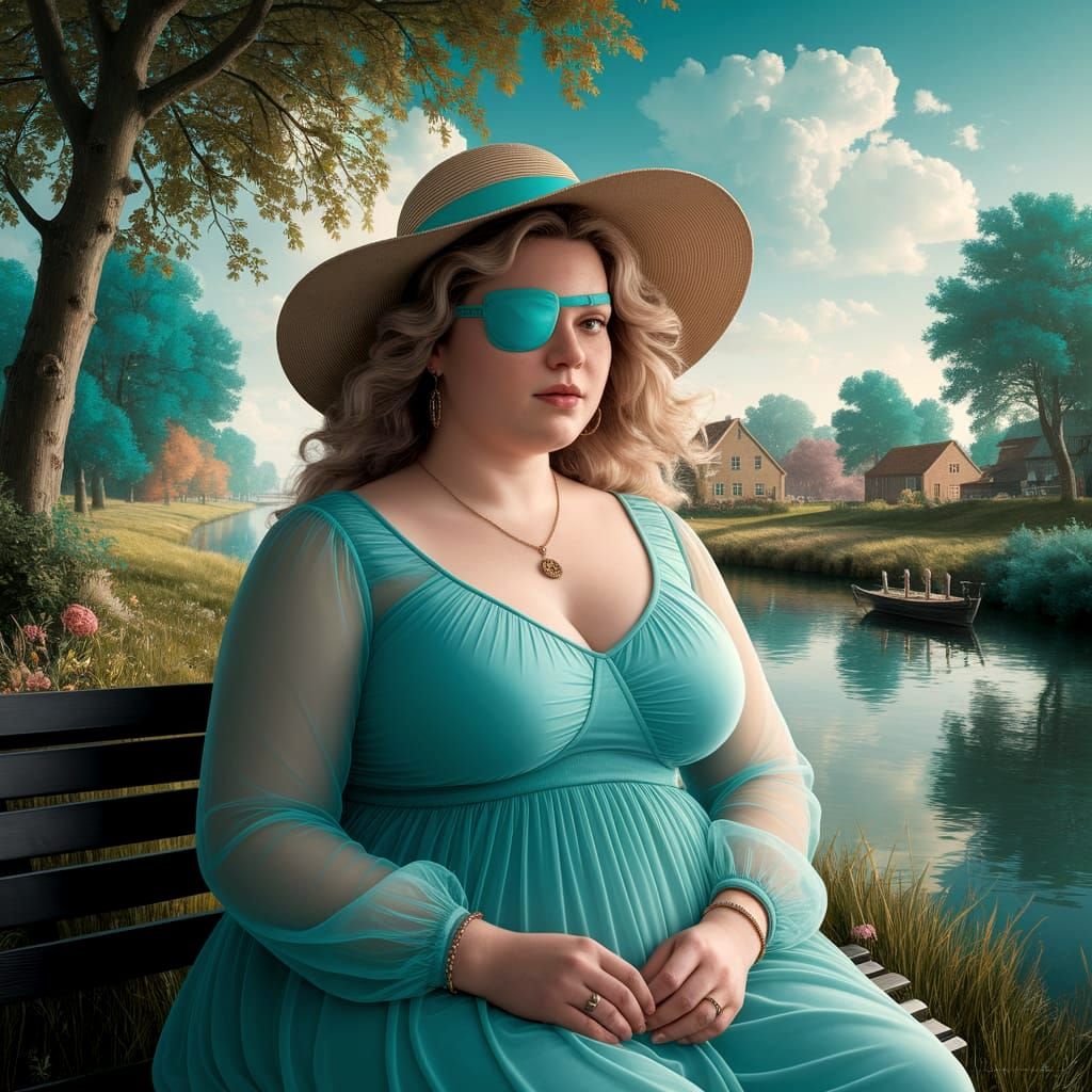 Woman in Turquoise Dress in Ethereal Dutch Landscape
