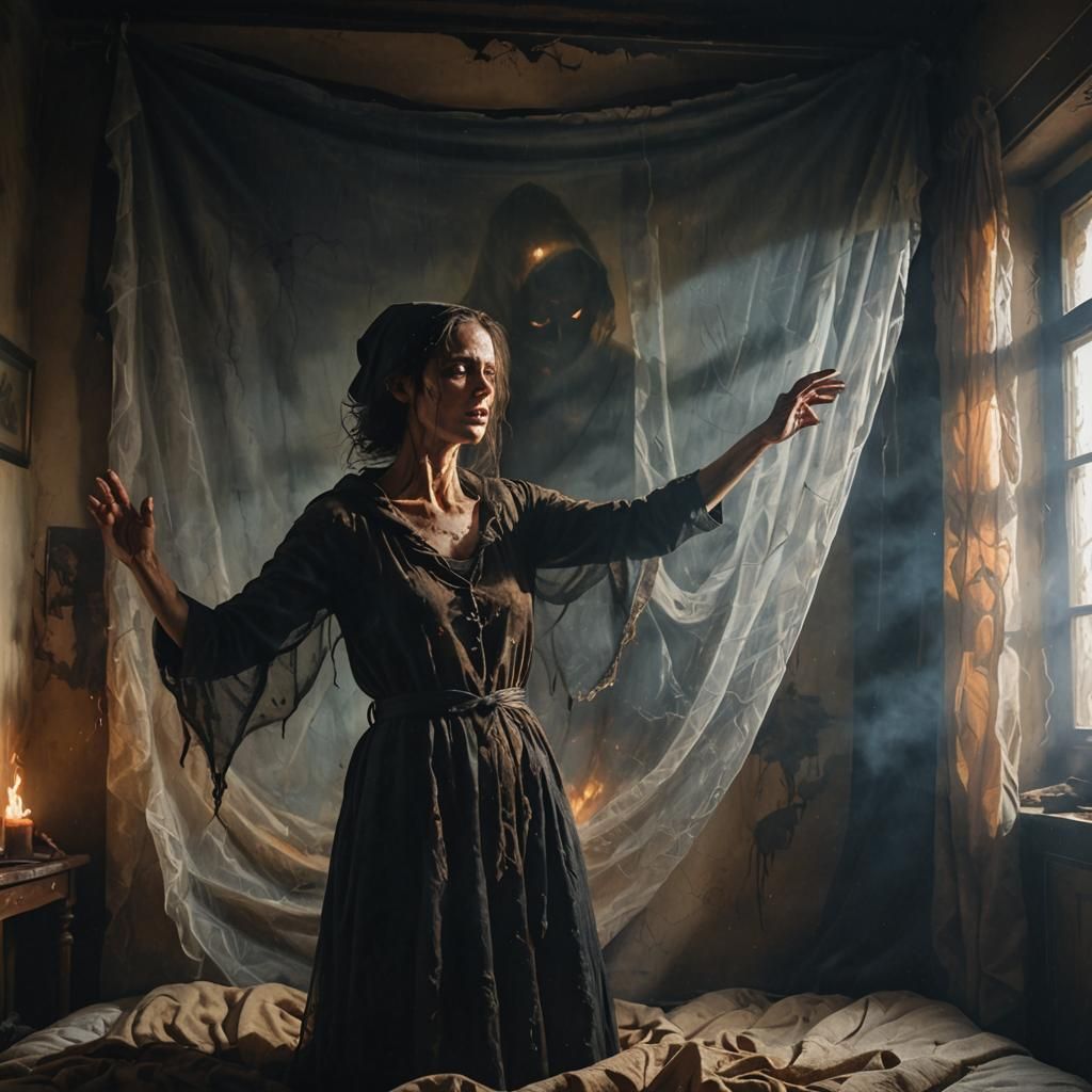 Menacing Shadow Engulfs Frail Woman: Dark Surrealism