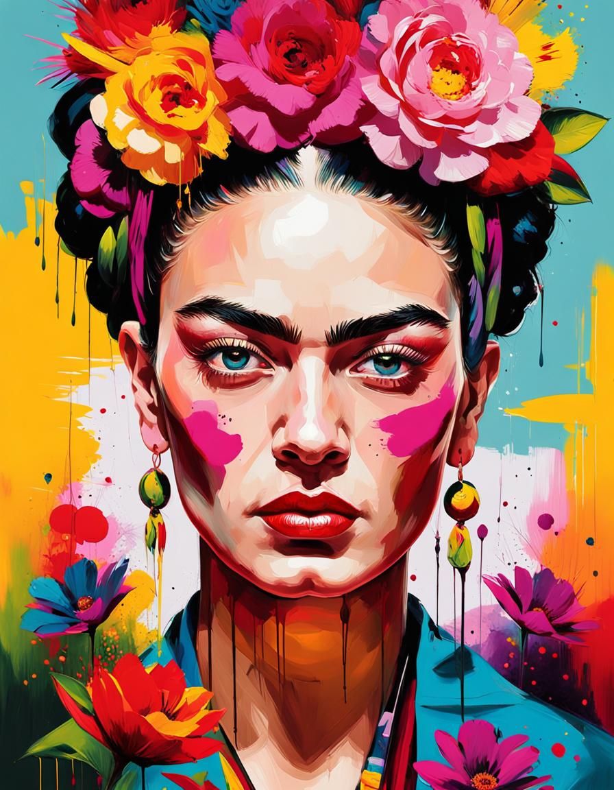 Frida Kahlo Portrait with Colorful Makeup in Impasto Style
