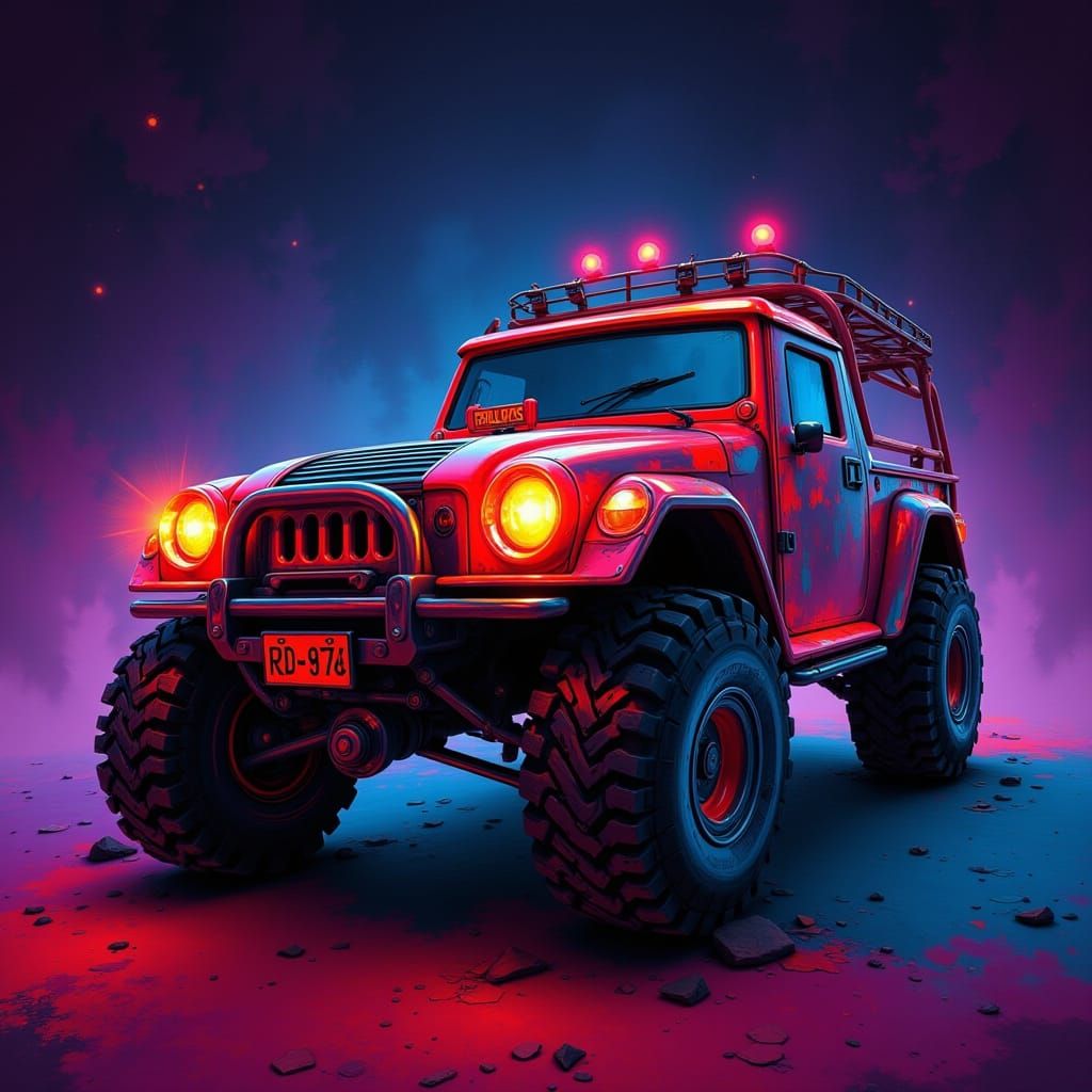Neon Hummer Vehicle with Comic-Book Designs in 3D Rendered S...