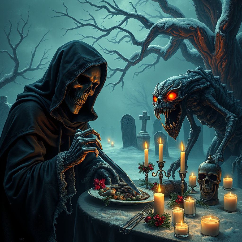 Grim Reaper's Christmas Feast in Gothic Fantasy Style
