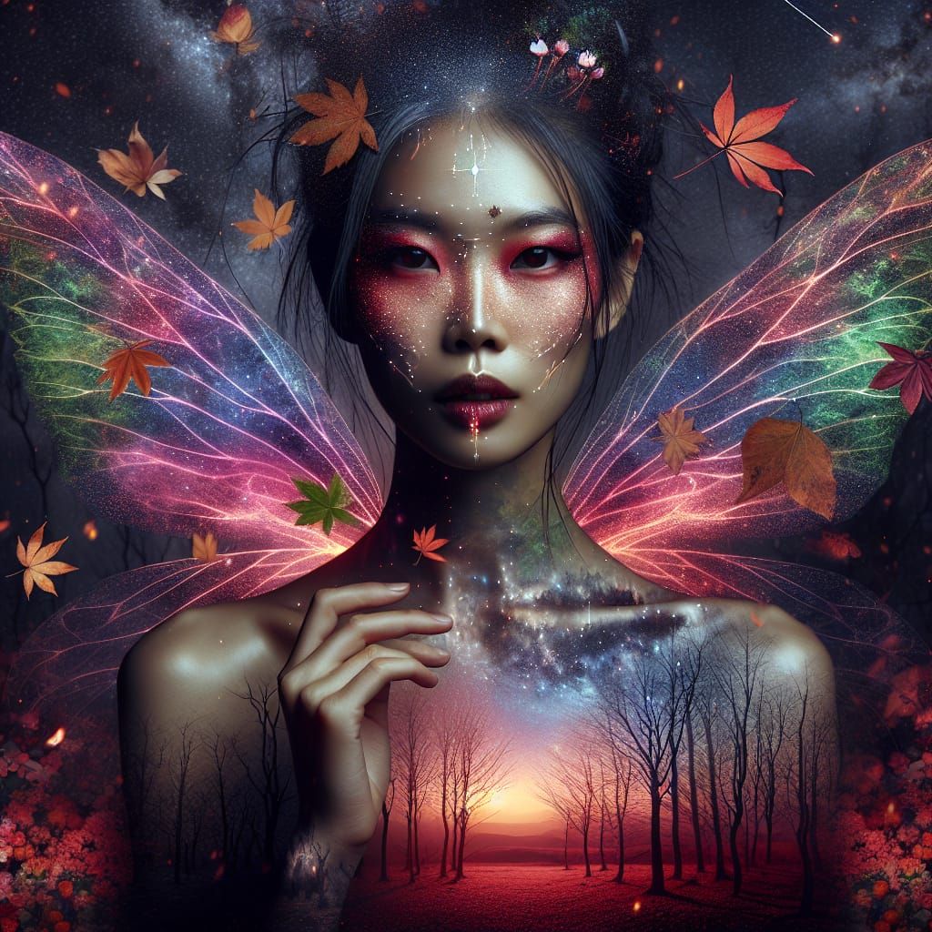 Ethereal Asian Faerie in Hypermaximalist Forest Scene