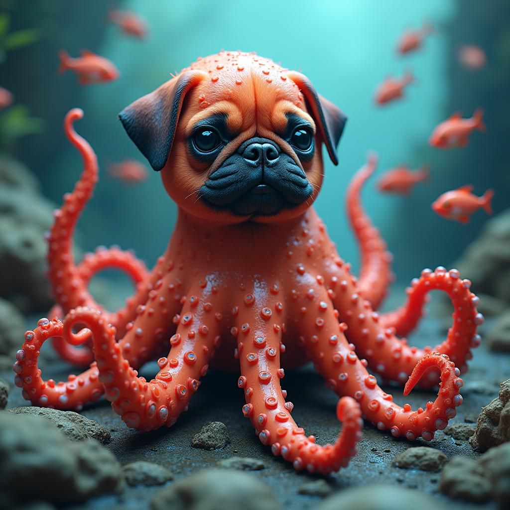 Crimson Octo-Pug Surrounded by Iridescent Fish