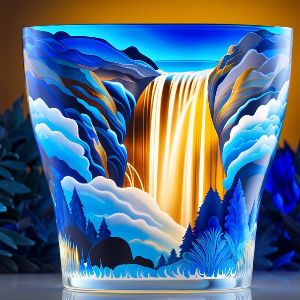 Landscape Painted on Glass: Crystal Waterfall in 3D