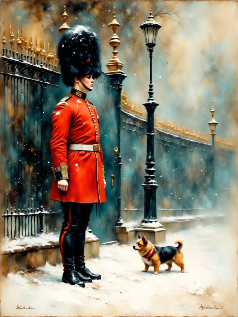 Sad Royal Guard and Dog in Snow, Children's Book Style