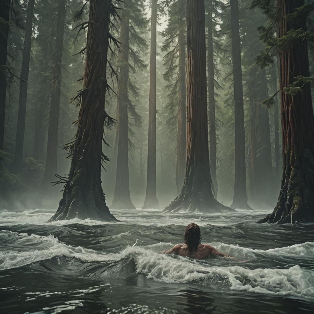 nephilim drowning beneath dark waves holding the tips of redwoods 10 layers optimize layering still motion effect 2d-3d...