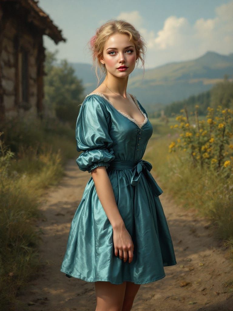 Romantic Realism Pin-Up Woman in Golden Hour Light