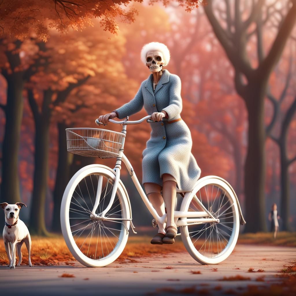Elderly Woman and Skeleton Dog in Park, Digital Painting