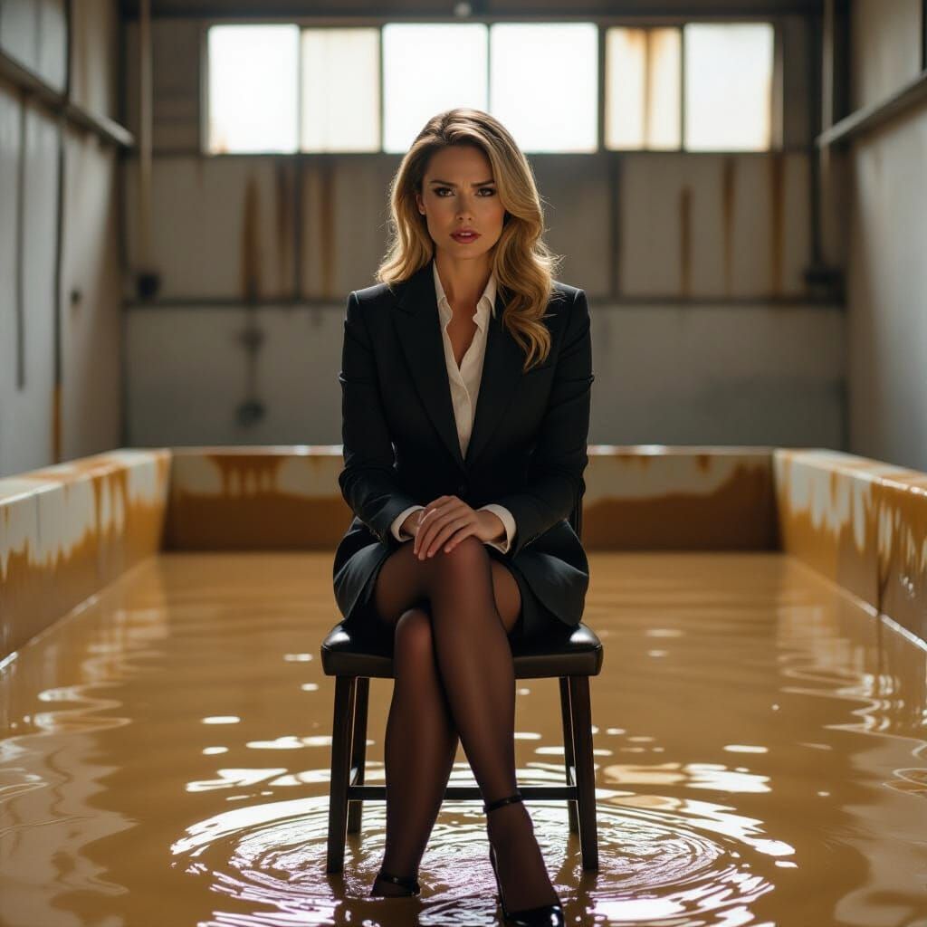 Angry CEO Overlooking Slime Tank: Cinematic Film Still