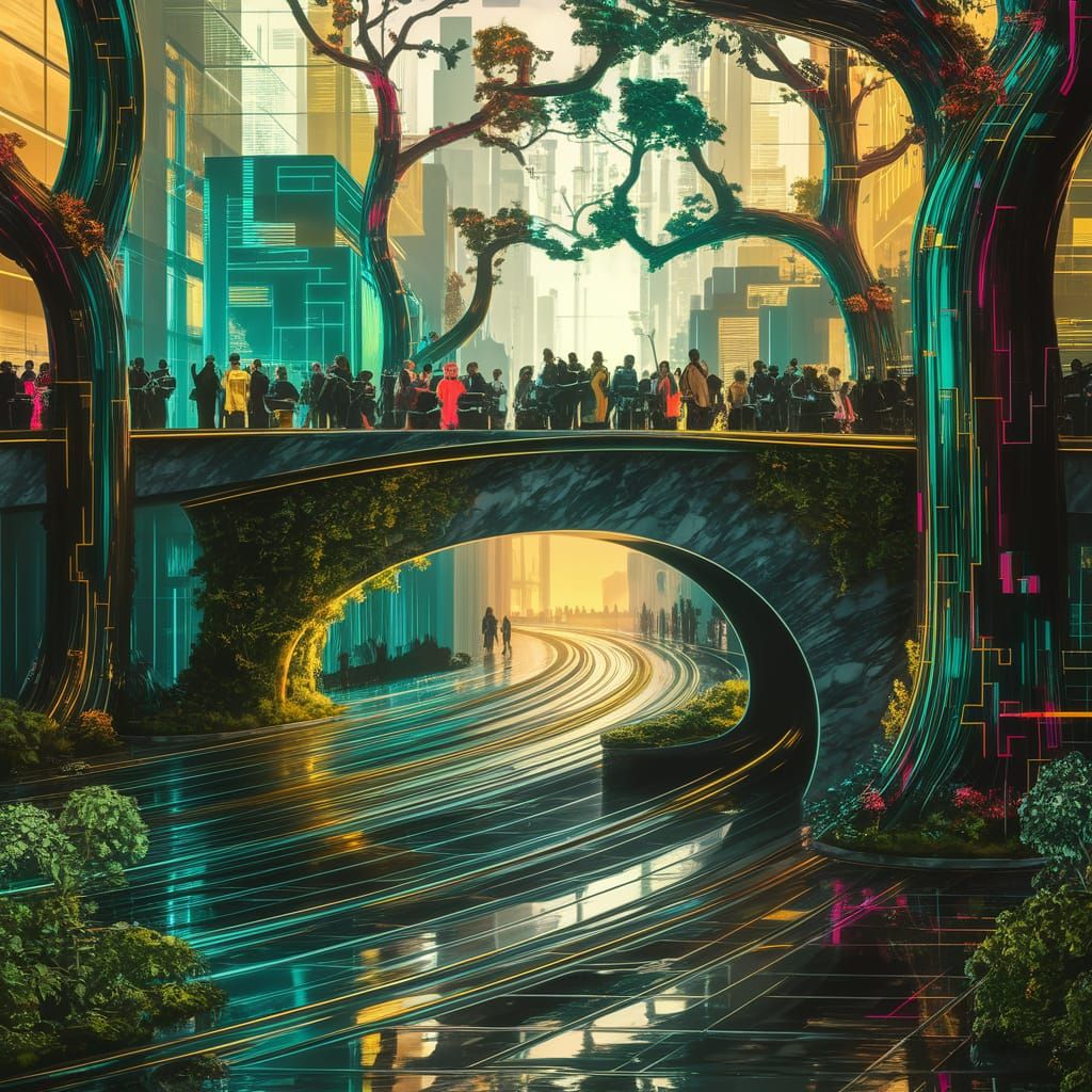 A sleek, curved marble bridge spans a bustling Solarpunk cit...