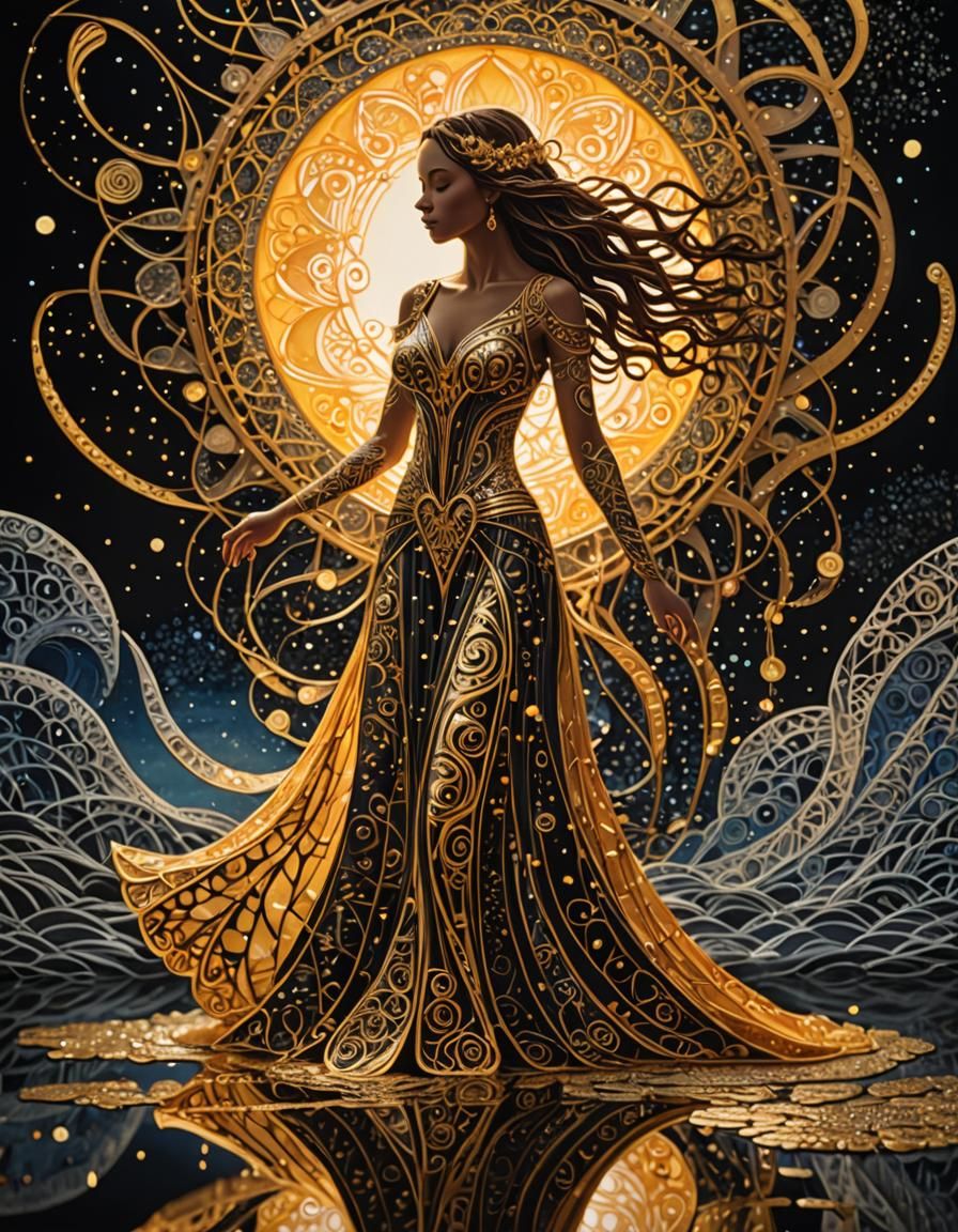 Woman in Luminous Foam Dress with Zentangle Sun