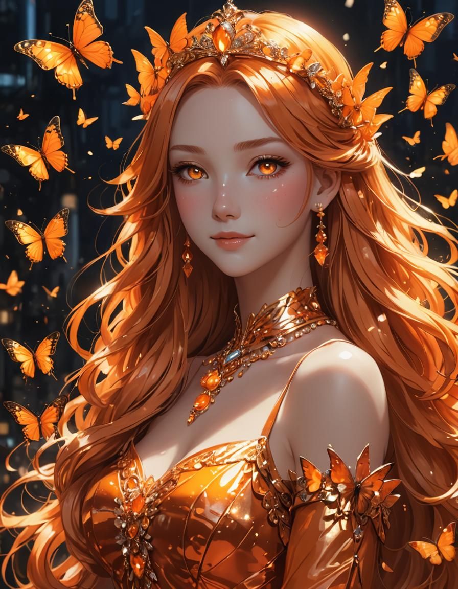 Anime Princess with Orange Butterflies, Hyperrealistic Digit...