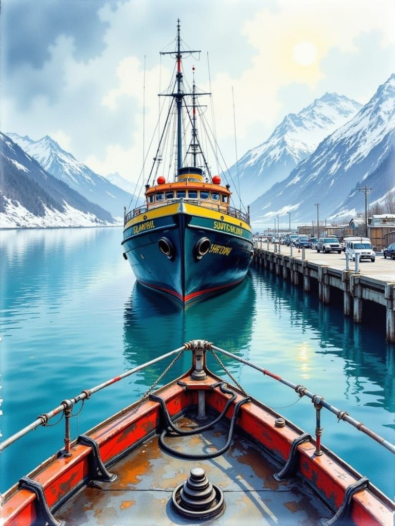 Cinematic Maritime Scene with Teal Fishing Vessel