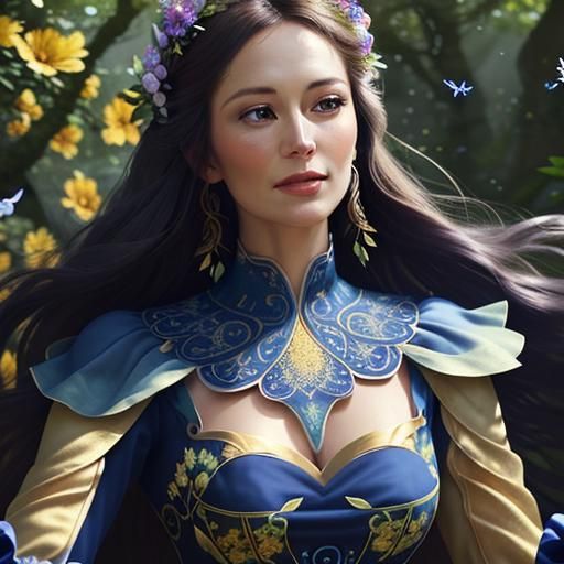 Thoughtful Woman Portrait with Flowers in Lush Forest