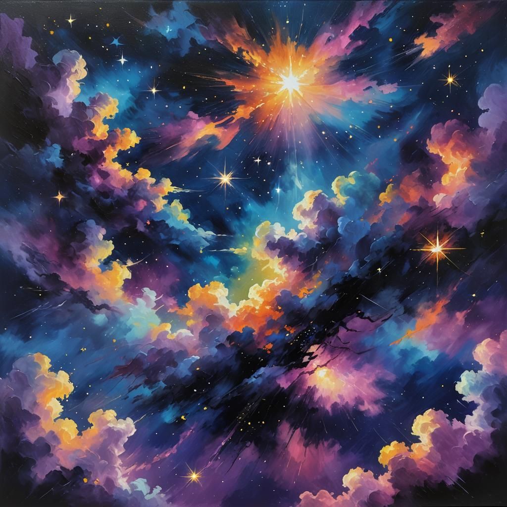 Bright Stars Twinkling in Night Sky as Oil Painting