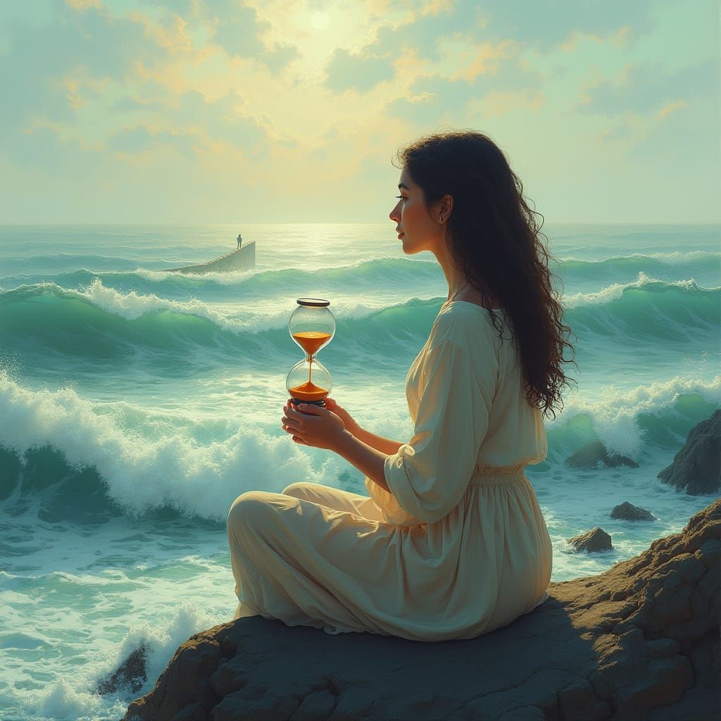 Woman Contemplates Life's Ebbs and Flows in Serene Coastal S...