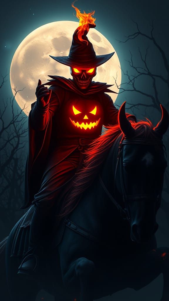 Headless Horseman with Flaming Jack-o-Lantern Head and Blood...