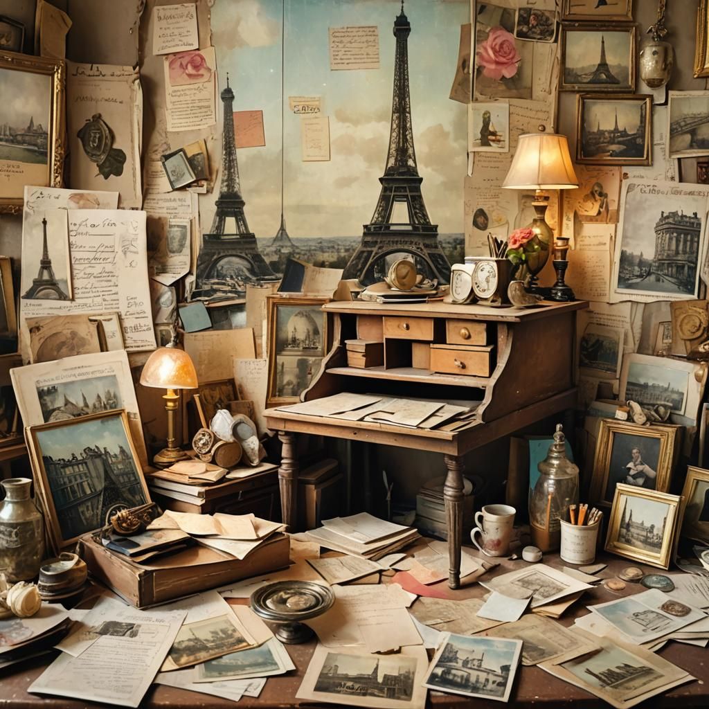 Vintage Desk Scene in Impressionist Style
