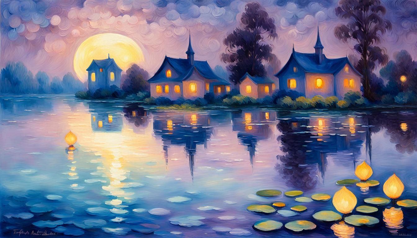 Impressionistic Moonrise Over Serene Lakeside Village