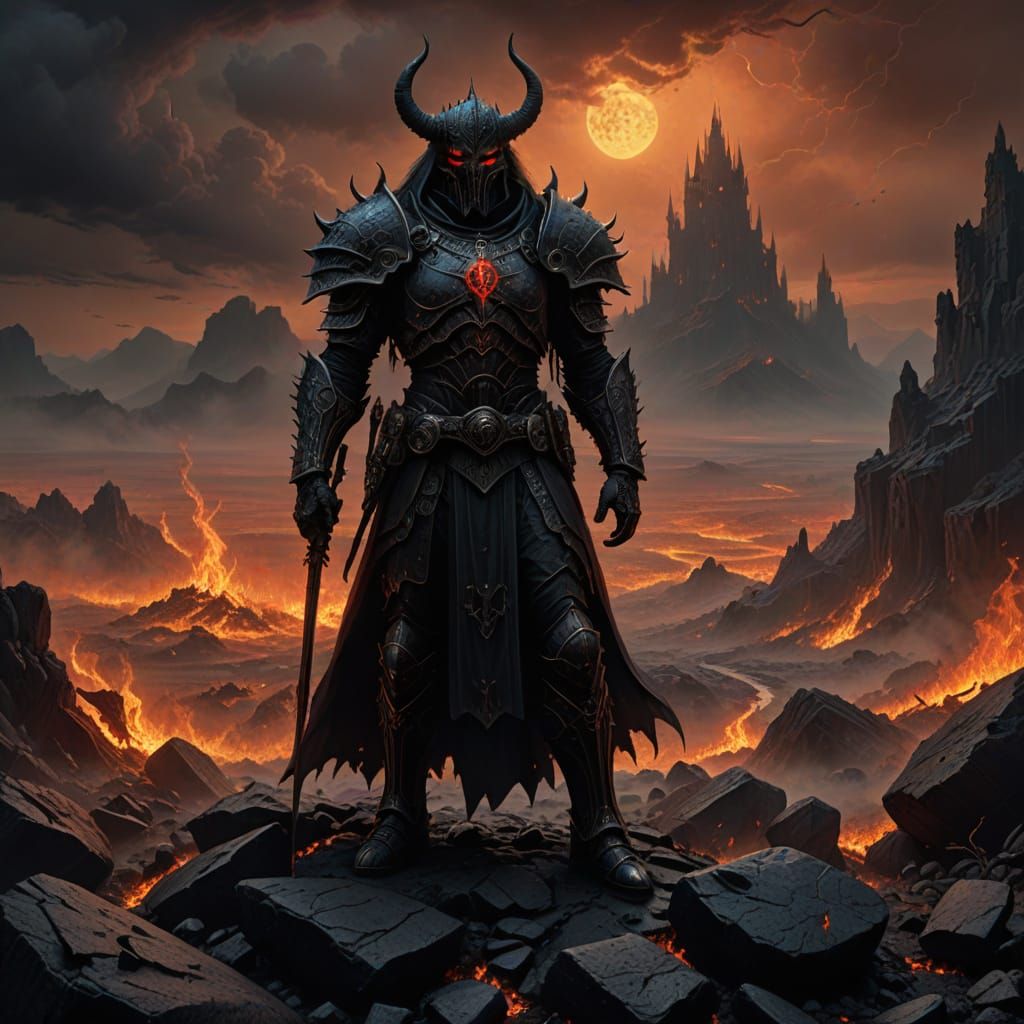 Dark Gothic Warrior in Diablo-Inspired Hellish Landscape