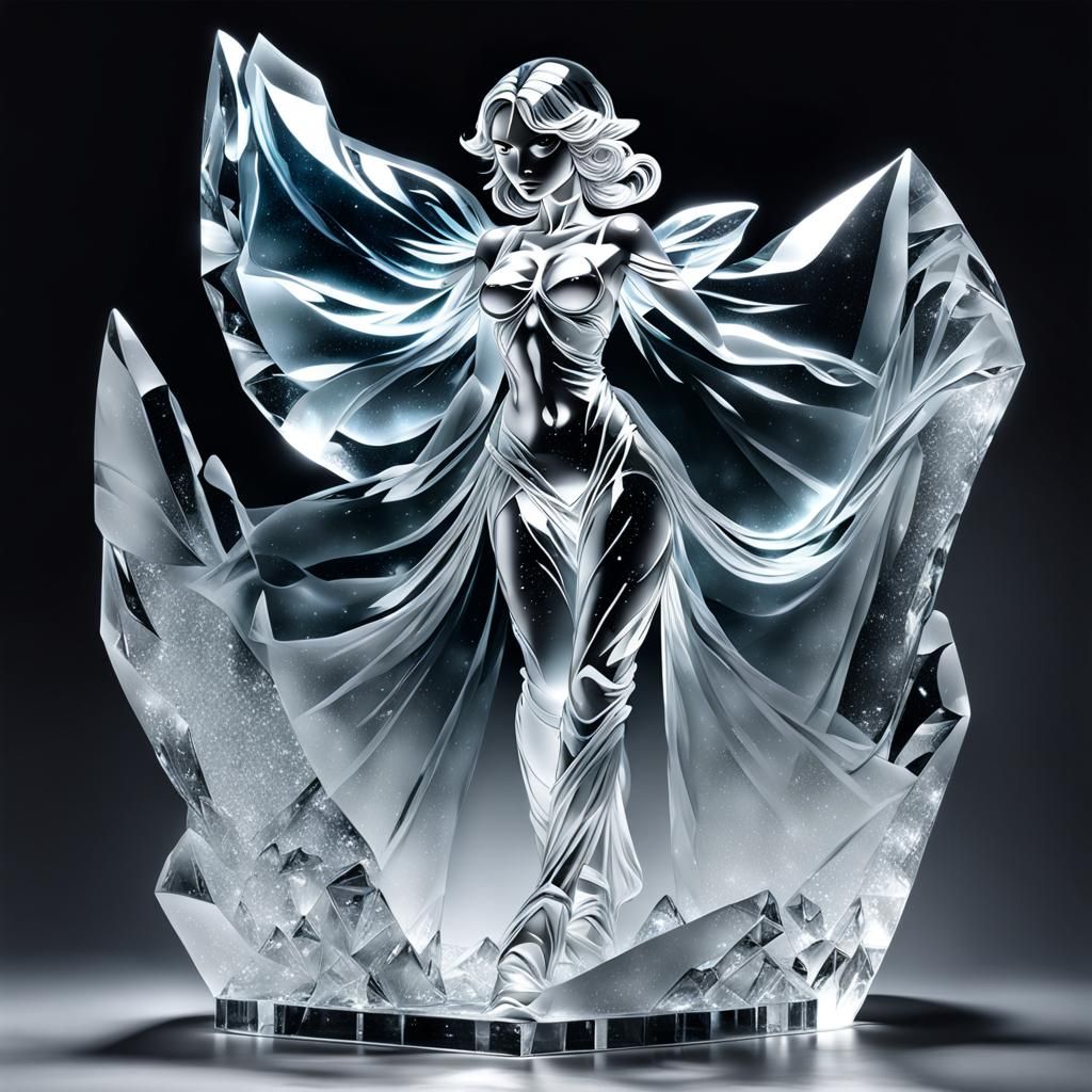 translucent nymph ice sculpture, light shining through clear icy, crystal glass-like quality, gauzy icy draped clothing,...