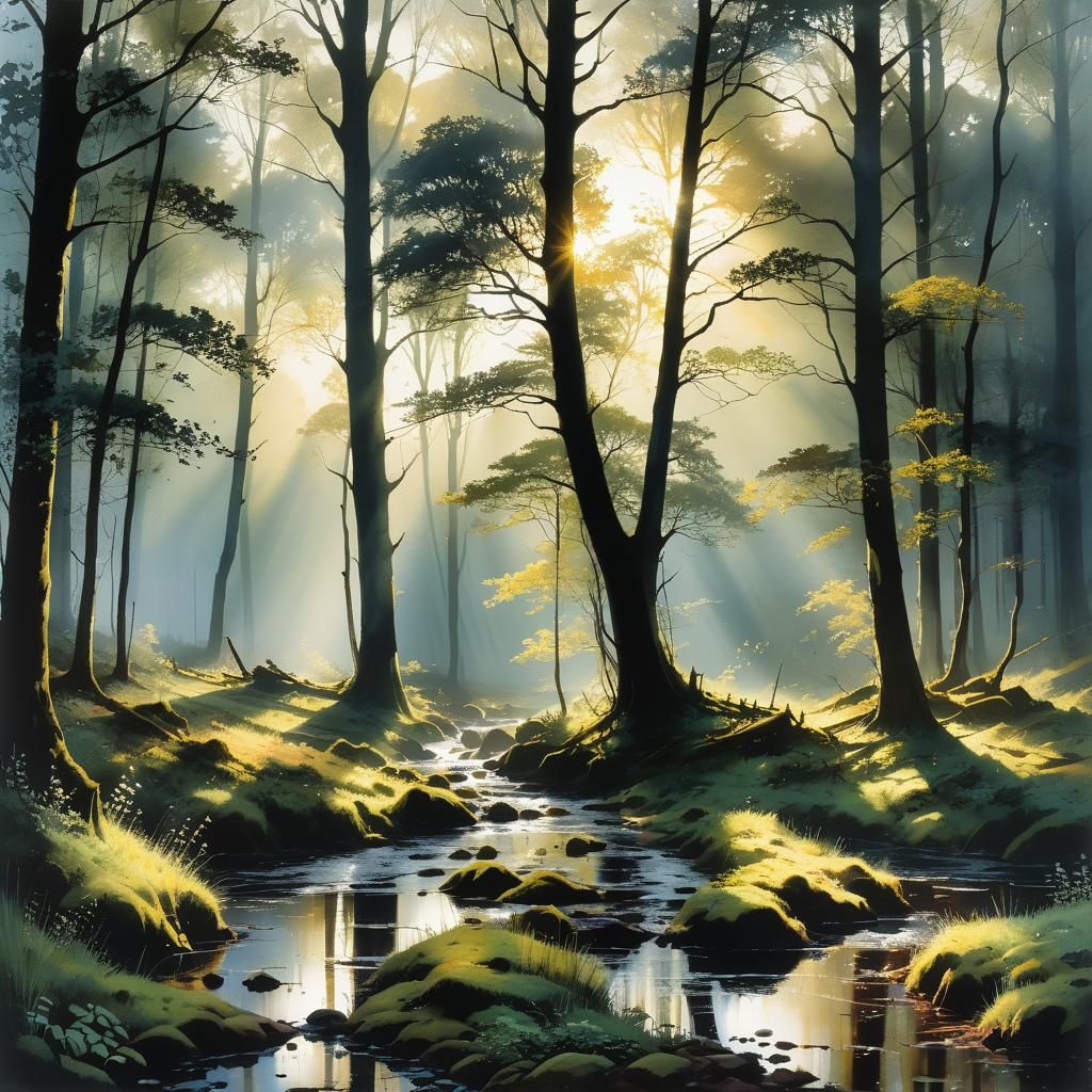 Morning Sun Filters Through Forest Clearing in Intricate Det...