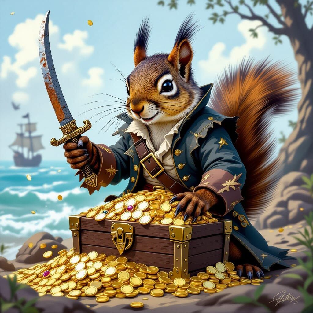 Pirate Squirrel Guarding Treasure Chest