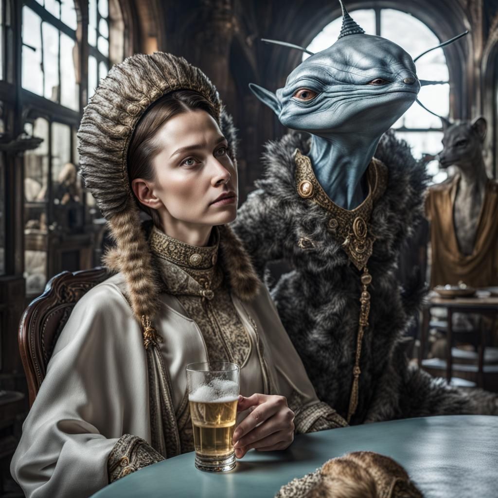 Surreal Restaurant Scene with Beautiful Aliens in Hyperreal ...