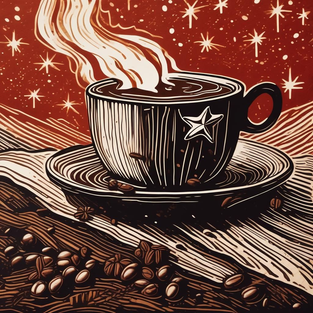 Linocut Print of Hot Chocolate with Marshmallow