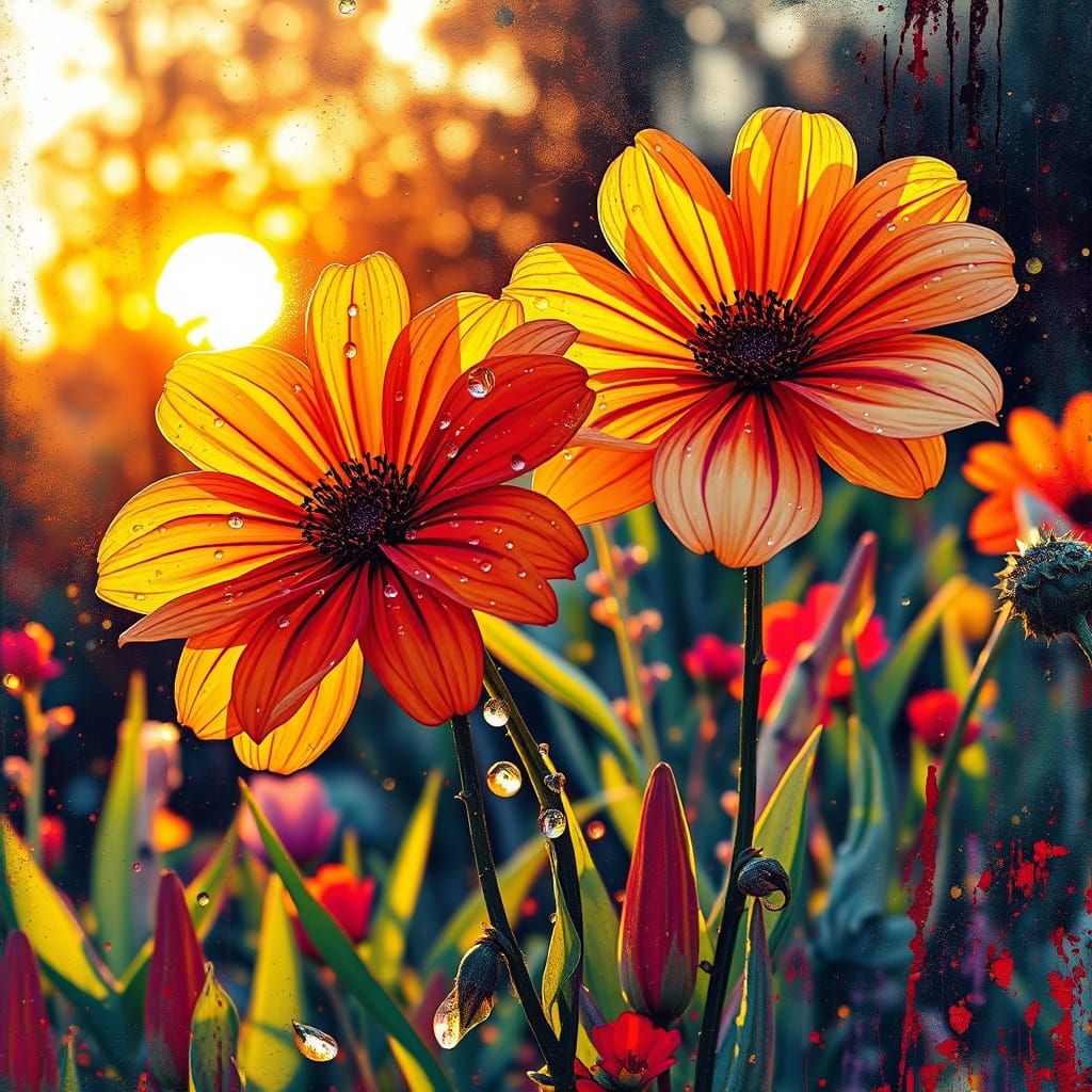 Vibrant Graffiti Flowers Bask in Sunset Light