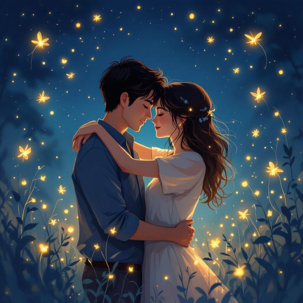 Romantic Embrace in Firefly Night, Dreamy Illustration