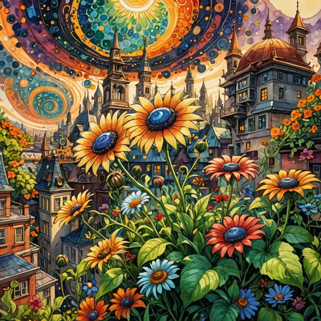 Solarpunk City: Glimmering Flowers in Expressionist Style