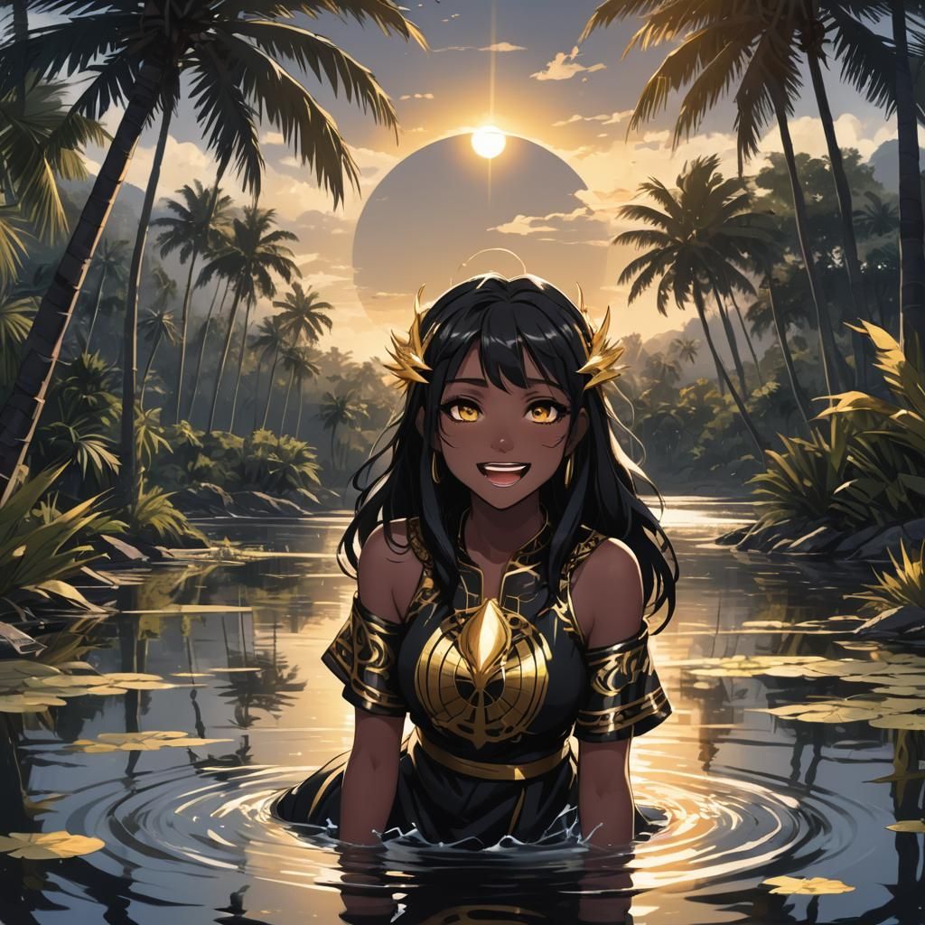 Anime Girl with Sun Halo in Dark Lake