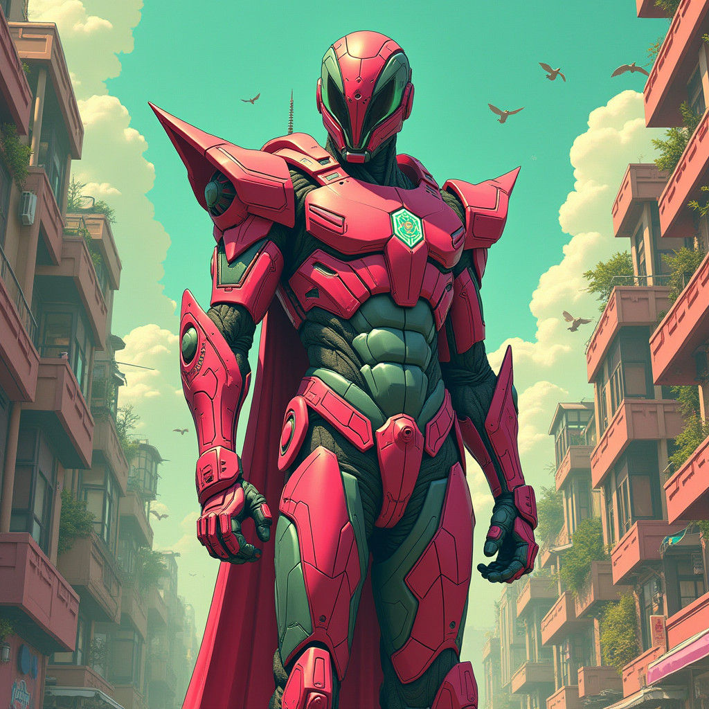 Majestic Hero in Purple and Green Mech Suit