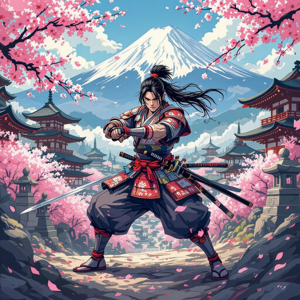 Warrior with Katana Amidst Japanese Temples and Blossoms