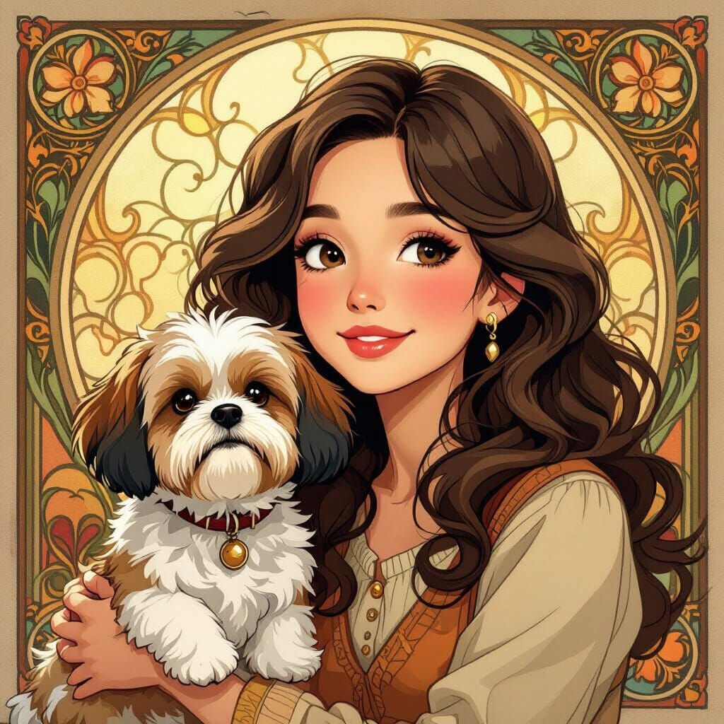 Girl with Shih-Tzu in Art Nouveau Style