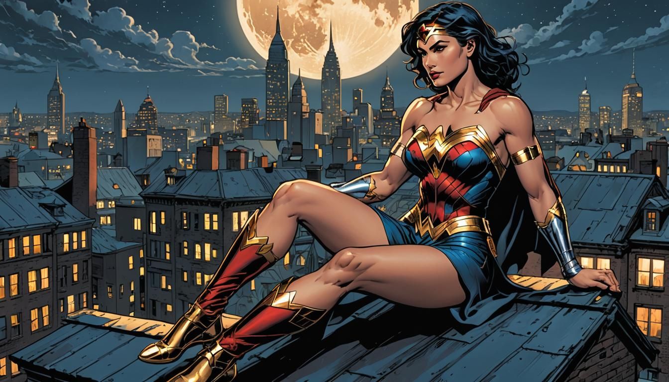 Wonder Woman Barefoot on Gotham Rooftop: Comic Art