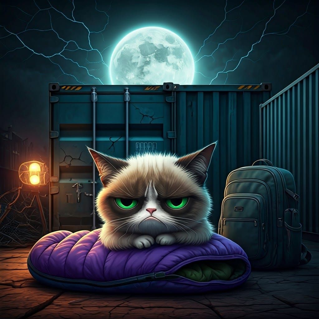 Solar Moonlit Camping Scene with a Grumpy Kitty