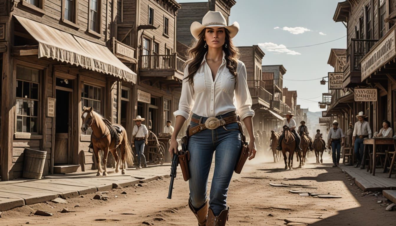 Powerful Female Cowboy in Classic Western City