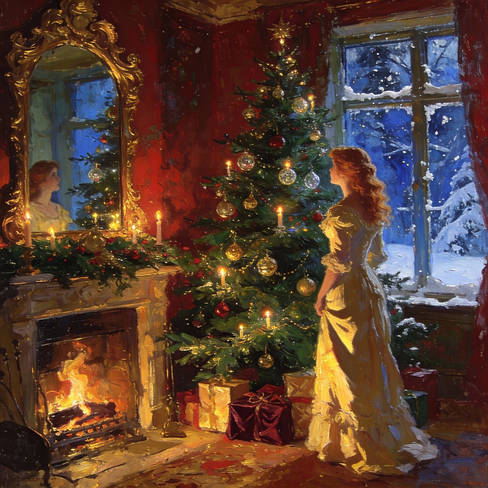 Victorian Christmas Fireplace Scene with Woman by Window