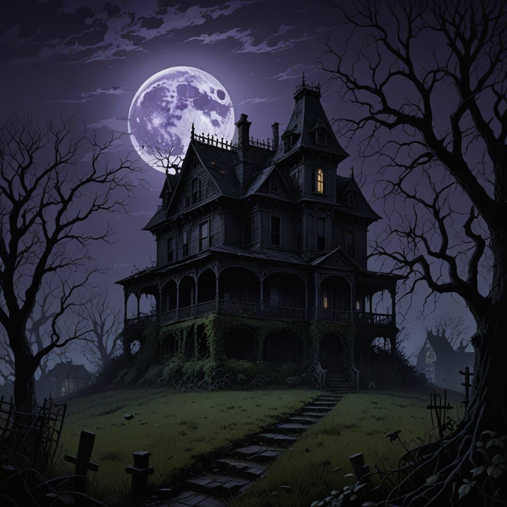 Eerie Gothic House Under Dramatic Moonlight