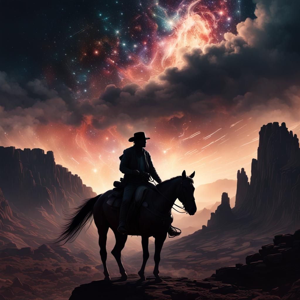Cosmic Range Rider: Silhouette in Hyper-Realistic Fantasy