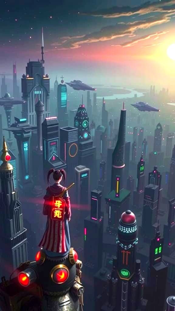 Onna-Bugeisha Warrior Above Art Deco City at Dusk