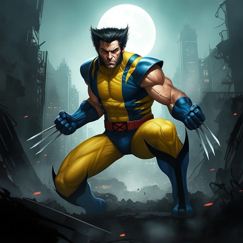 Wolverine in Comic Book Style Cityscape at Dusk