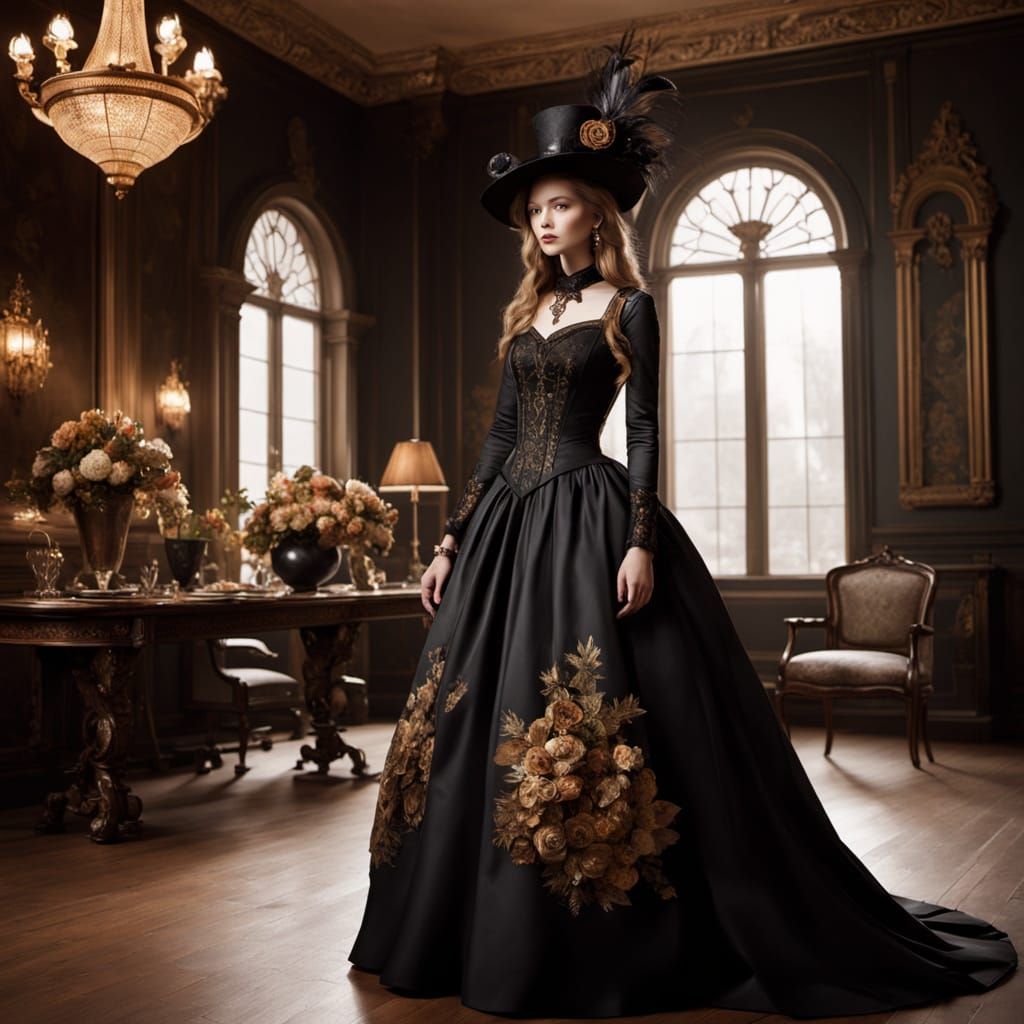 Victorian Steampunk Woman in Elegant Black Gown