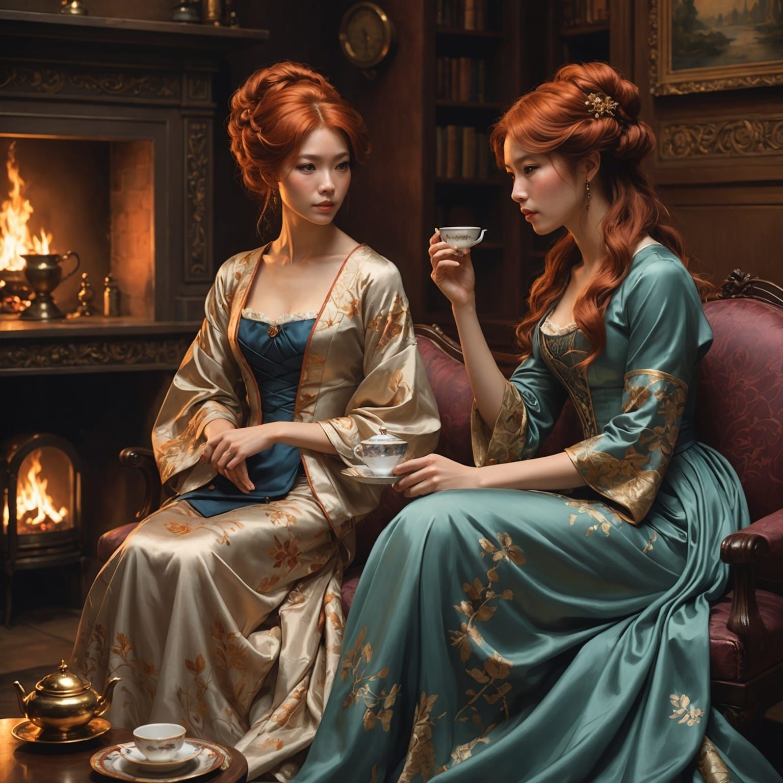 Elegant Women Conversing Over Tea, Detailed Digital Art