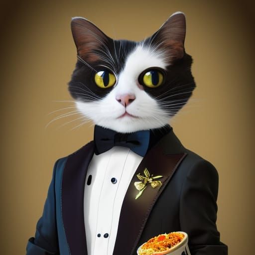 Cat in Tuxedo Holding Food Tray: Detailed Matte Painting