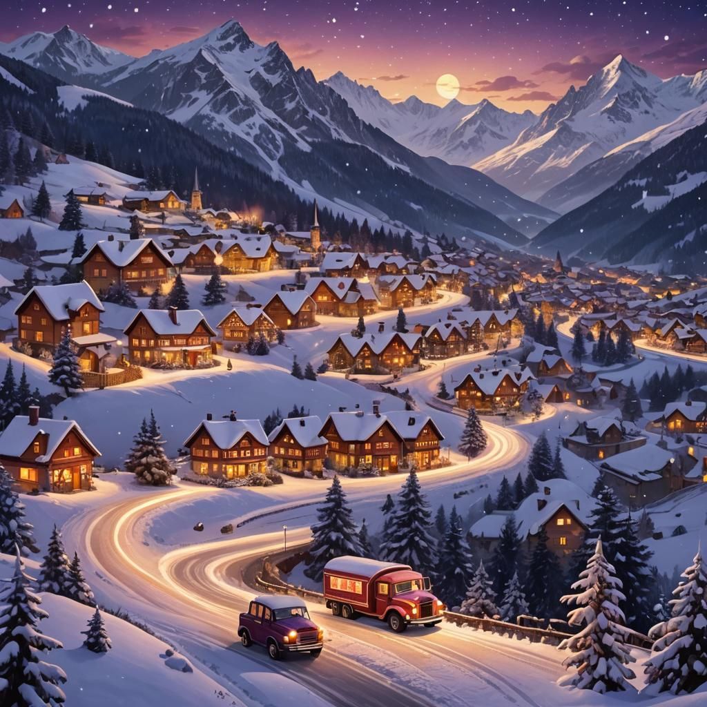 Festive Christmas Truck Scene with Santa in Alps